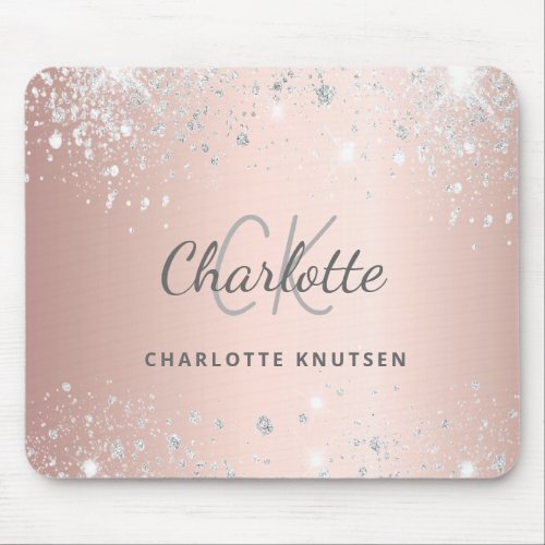 Rose gold silver glitter monogram initails name  mouse pad