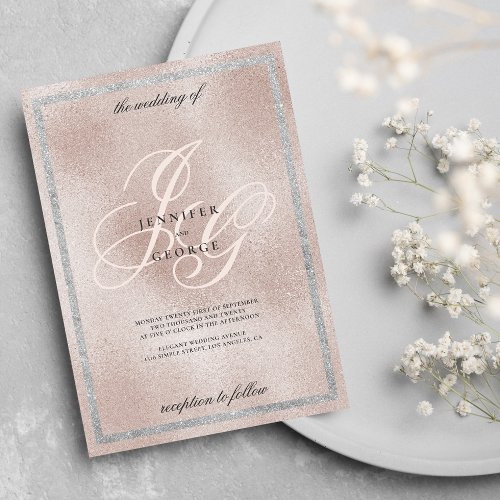 Rose gold silver glitter monogram initials wedding invitation