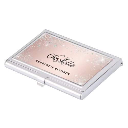 Rose gold silver glitter monogram name  business card case