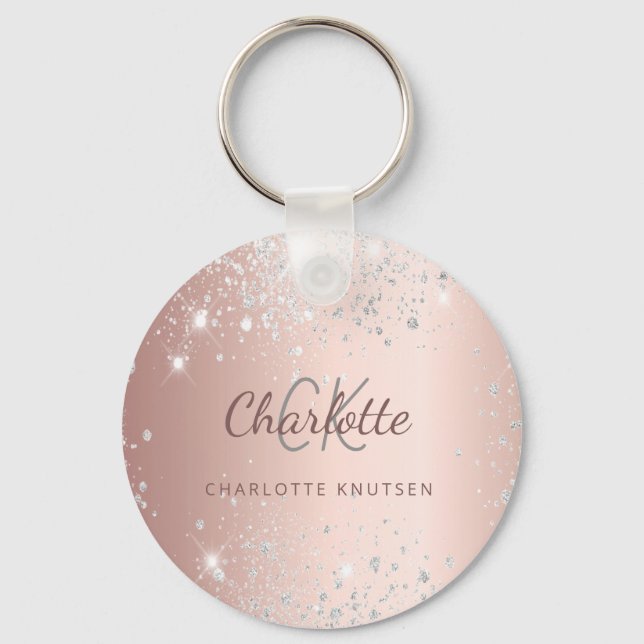 Rose gold silver glitter monogram name  keychain (Front)