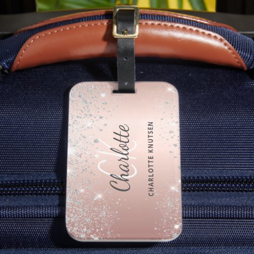 Rose gold silver glitter monogram name script luggage tag