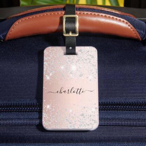 Rose gold silver glitter monogram name script luggage tag