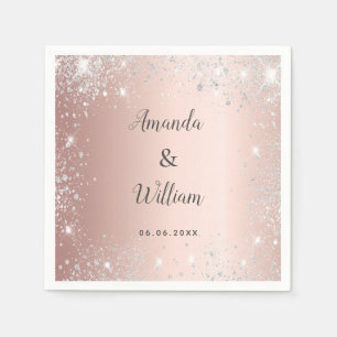 Rose gold silver glitter monogram wedding napkins