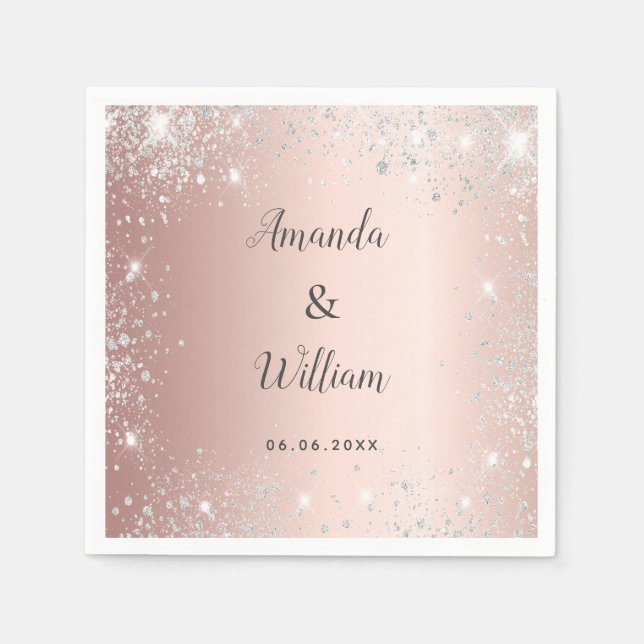 Rose gold silver glitter monogram wedding napkins (Front)