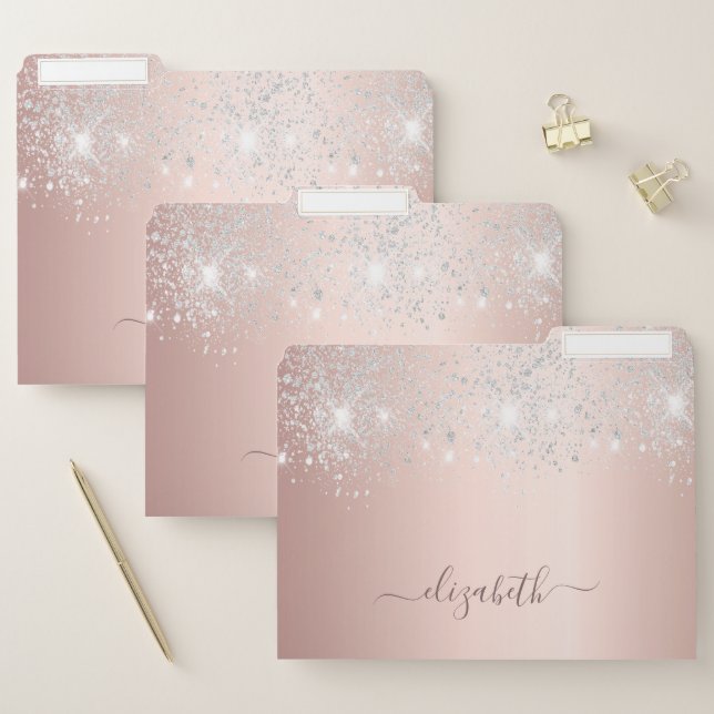 Rose gold silver glitter name elgant script file folder (Set)