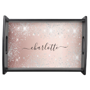 Rose gold silver glitter name script  serving tray