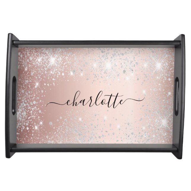 Rose gold silver glitter name script  serving tray (Front)