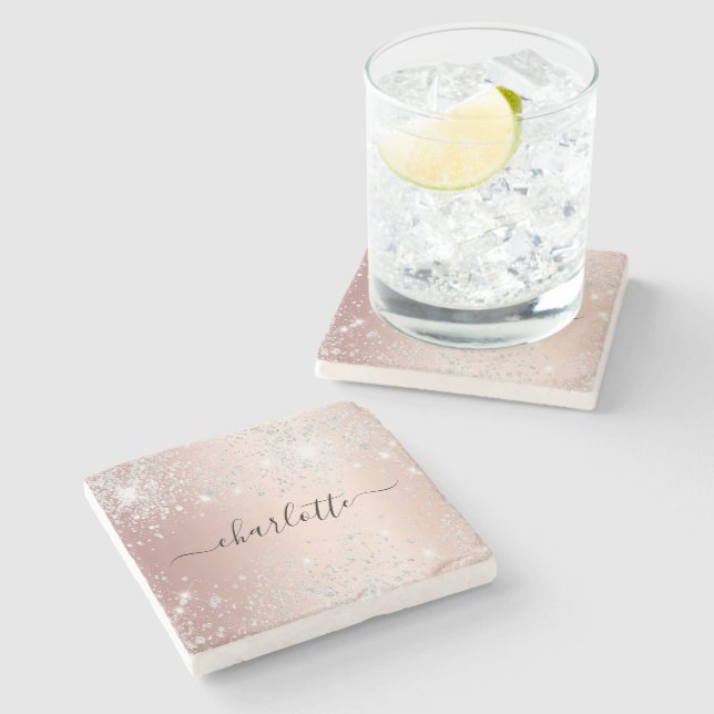 Rose gold silver glitter name script stone coaster (Side)