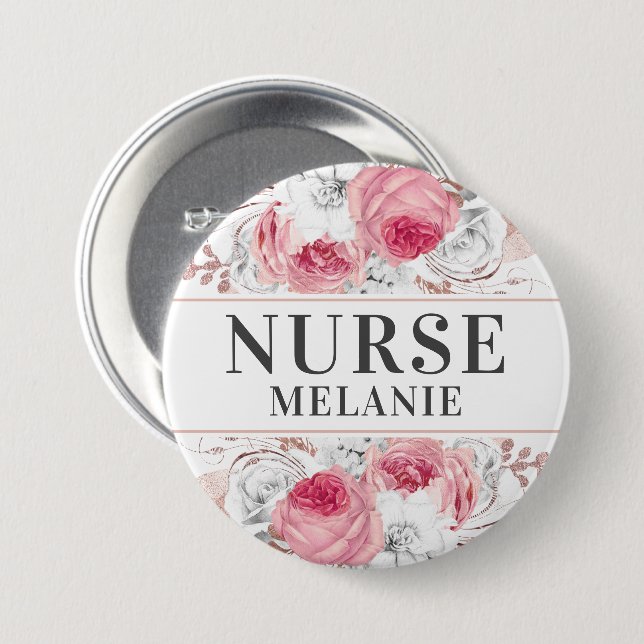 Rose Gold Silver Glitter Nurse Name Button Badge (Front & Back)