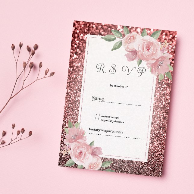 Rose gold silver glitter pink floral RSVP  Invitation (Rose gold silver glitter pink floral RSVP )