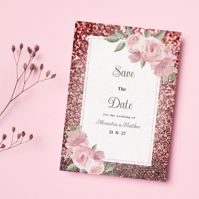 Rose gold silver glitter pink floral Save The Date Invitation (Rose gold silver glitter pink floral Save The Date )