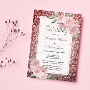 Rose gold silver glitter pink floral Wedding Invitation