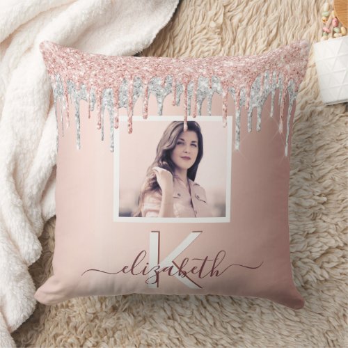 Rose gold silver glitter pink photo name throw pillow