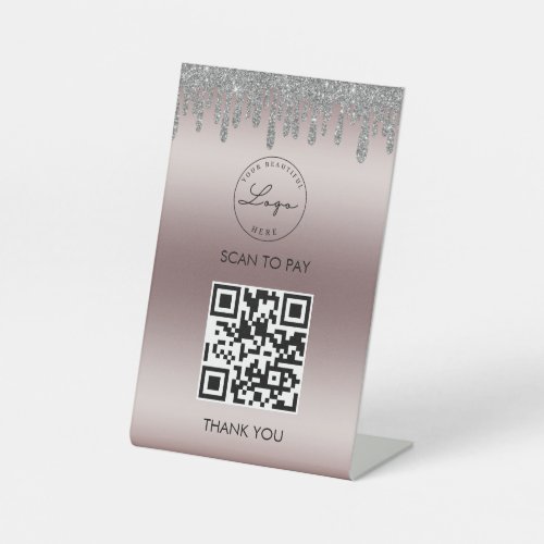 Rose Gold Silver Glitter Scan Me QR Code Logo  Pedestal Sign