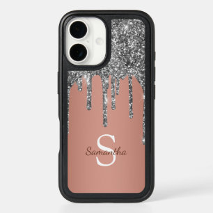 Rose Gold Silver Glitter Sparkle Drip Monogram iPhone 16 Case