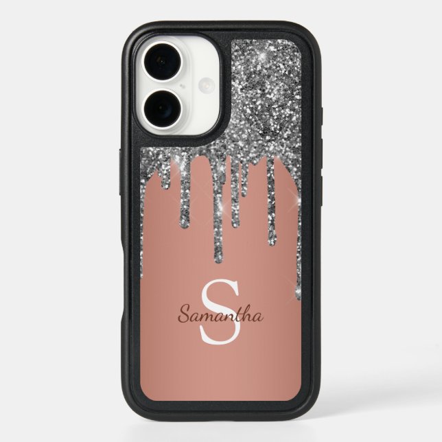 Rose Gold Silver Glitter Sparkle Drip Monogram Otterbox iPhone Case (Back)