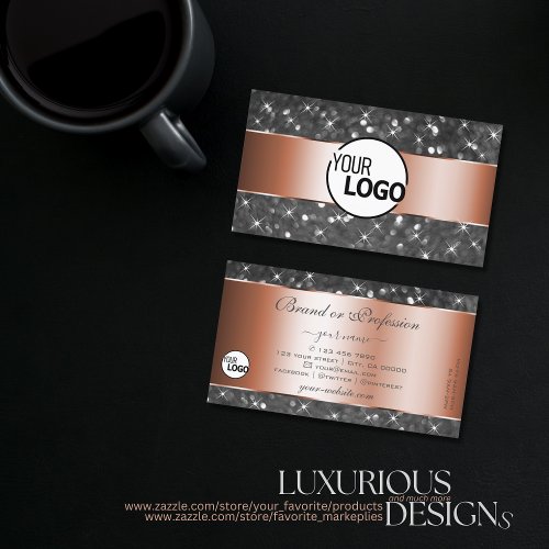 Rose Gold Silver Glitter Sparkle Stars and Logo Business Card