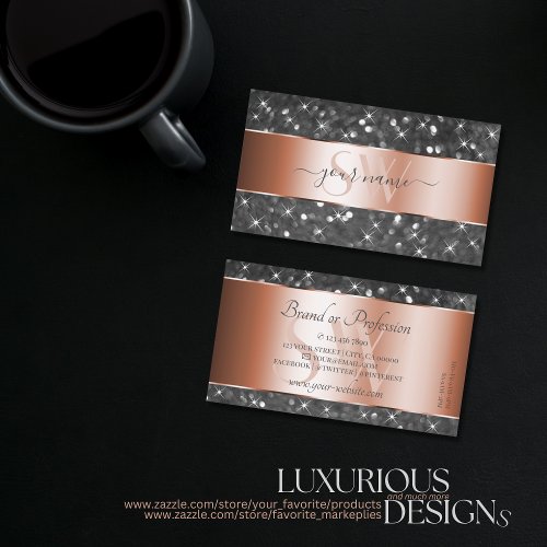 Rose Gold Silver Glitter Sparkle Stars Initials Business Card