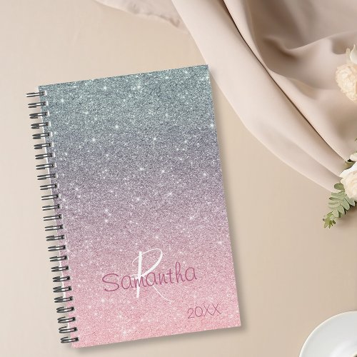 Rose Gold Silver Glitter Sparkle Yearly Monogram Planner