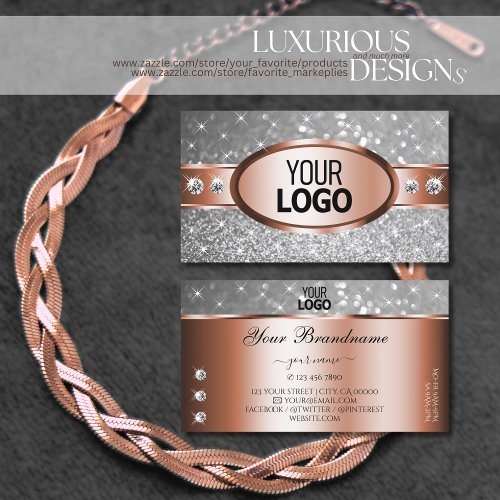 Rose Gold Silver Glitter Stars Diamonds add Logo Business Card