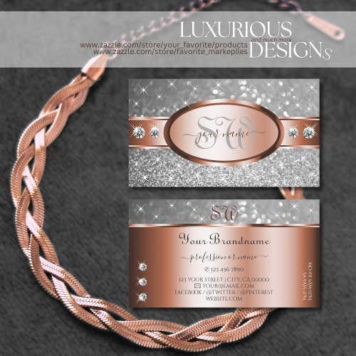 Rose Gold Silver Glitter Stars Diamonds Initials Business Card