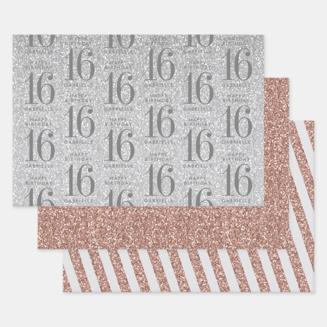 Rose Gold Silver Glitter Sweet 16 Custom Pink Wrapping Paper Sheets (Set)