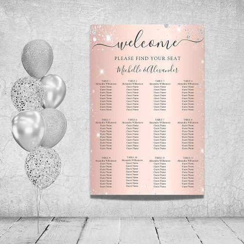 Rose gold silver glitter wedding seating chart