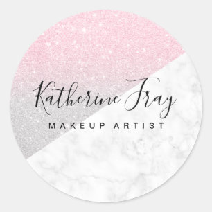 Rose gold silver glitter white marble makeup classic round sticker