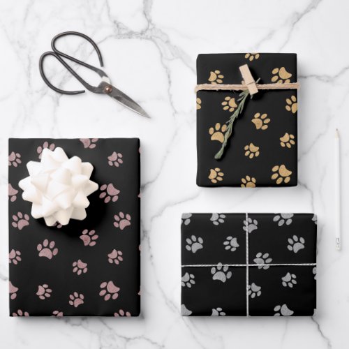 Rose Gold Silver Gold Glitter Paw Prints on Black Wrapping Paper Sheets