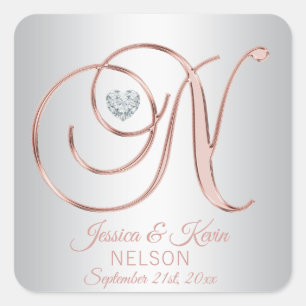 Rose Gold Silver Grey Monogram Heart Wedding Square Sticker