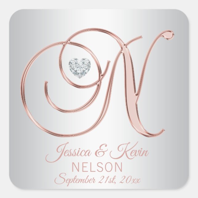 Rose Gold Silver Grey Monogram Heart Wedding Square Sticker (Front)