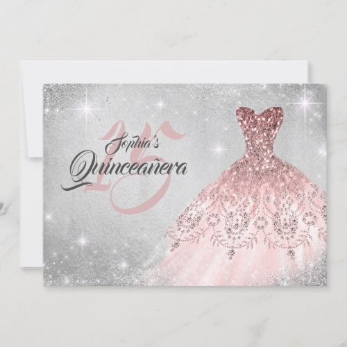 Rose Gold Silver Lace Diamond Gown Quinceanera Invitation