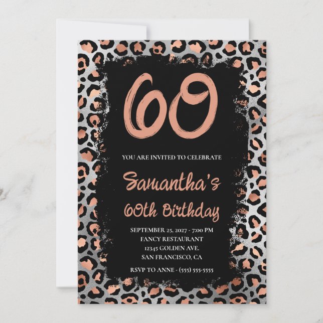 Rose Gold Silver Leopard Black Paint 60th Birthday Invitation (Front)