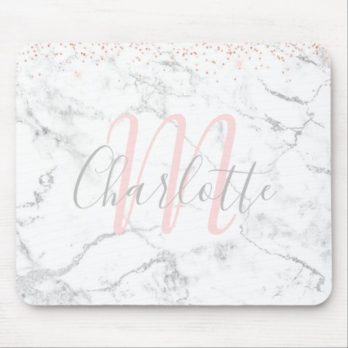 Rose Gold Silver Marble Initial Monogram Name Mouse Pad