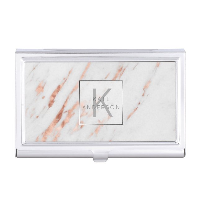 Rose Gold Silver Marble Modern Monogram Business Card Case (Front)