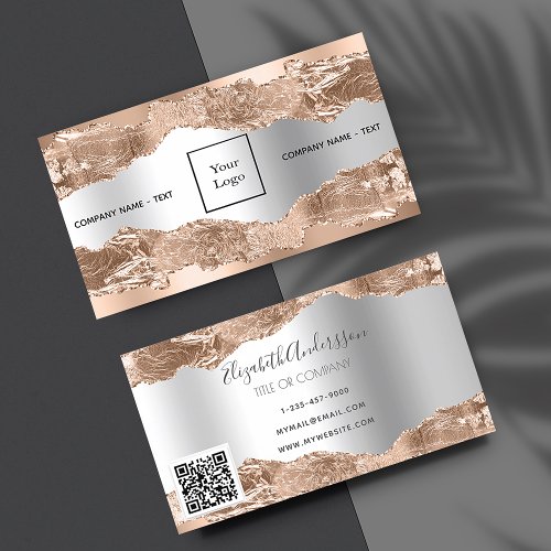 Rose gold silver metal agate marble logo QR code Business Card