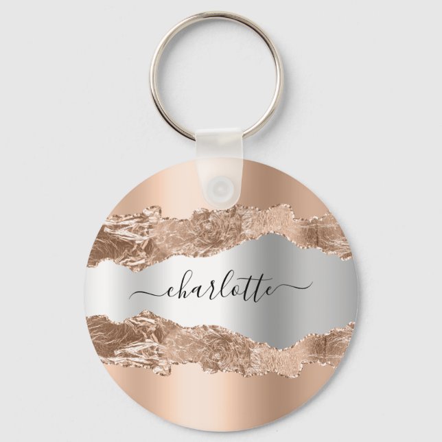 Rose gold silver metal agate marble name script keychain (Front)