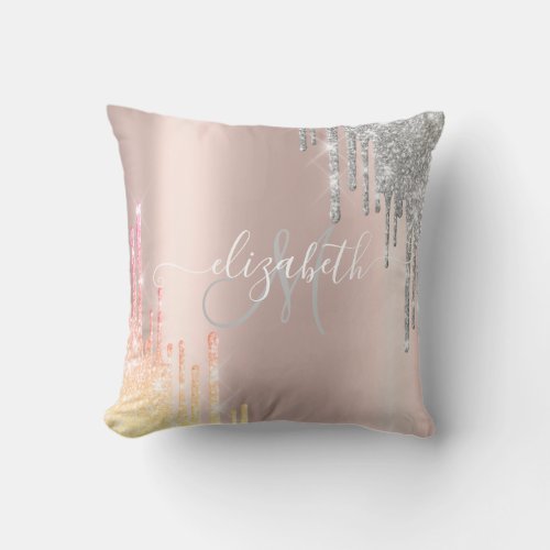  Rose GoldSilver Ombre Glitter Drips Monogram  Throw Pillow