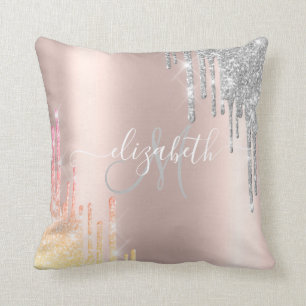 Rose Gold,Silver Ombre Glitter Drips Monogram Throw Pillow