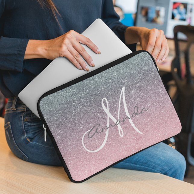 Rose Gold Silver Ombre Monogram Personalize Laptop Sleeve (Creator Uploaded)