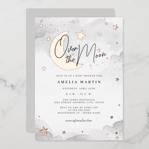 Rose Gold Silver Over the Moon Baby Shower Foil Invitation