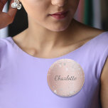 Rose gold silver party name tag button<br><div class="desc">An elegant rose gold background. Decorated with faux silver sparkles. Personalize and add your name. The name is written with a hand lettered style script.</div>