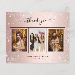 Rose gold silver photo birthday thank you card