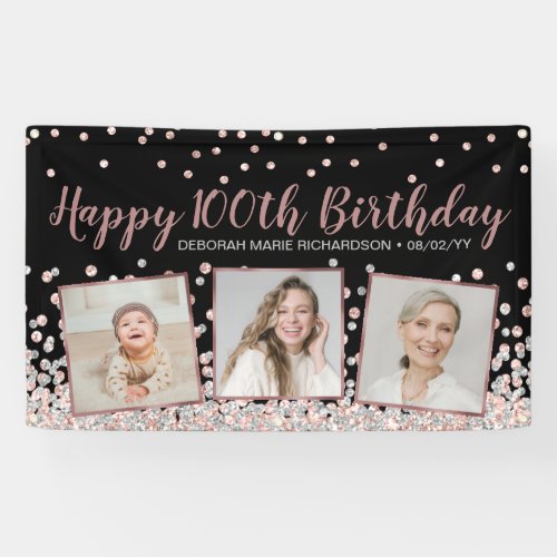 Rose Gold Silver Photo Collage 100th Birthday Banner