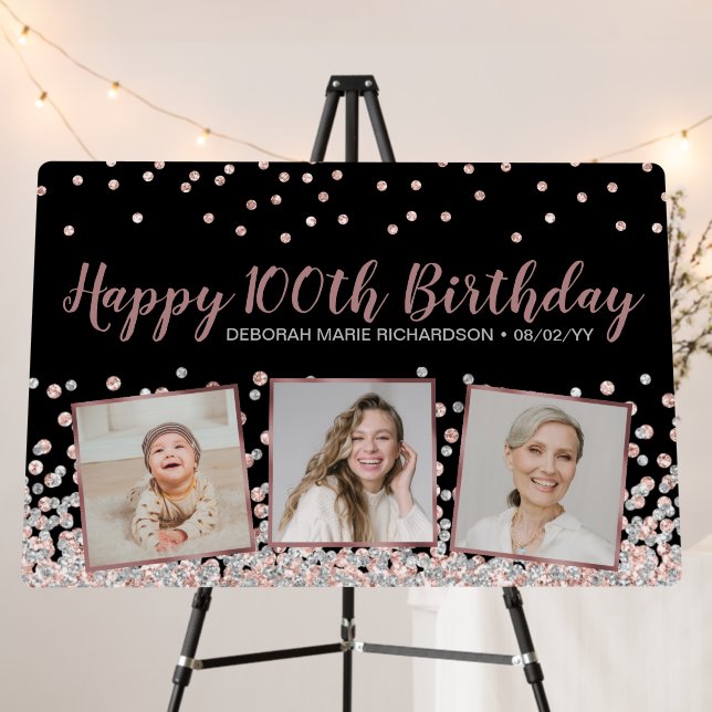 Rose Gold Silver Photo Collage 100th Birthday Foam Board (In Situ (Stand))