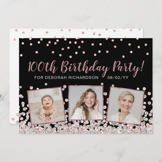 Rose Gold Silver Photo Collage 100th Birthday Invitation (Front/Back)
