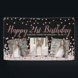 Rose Gold Silver Photo Collage 21st Birthday Banner<br><div class="desc">Elegant custom birthday banner design featuring rose gold and silver confetti over a black background,  modern script typography with the words "Happy 21st Birthday" (in rose gold),  your name and birth date (in silver) and three of your favorite photos framed in metallic rose gold foil.</div>