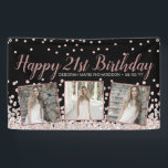 Rose Gold Silver Photo Collage 21st Birthday Banner<br><div class="desc">Elegant custom birthday banner design featuring rose gold and silver confetti over a black background,  modern script typography with the words "Happy 21st Birthday" (in rose gold),  your name and birth date (in silver) and three of your favorite photos framed in metallic rose gold foil.</div>