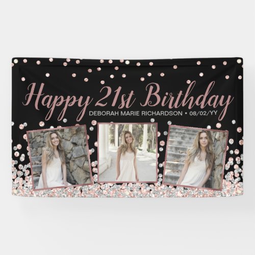 Rose Gold Silver Photo Collage 21st Birthday Banner