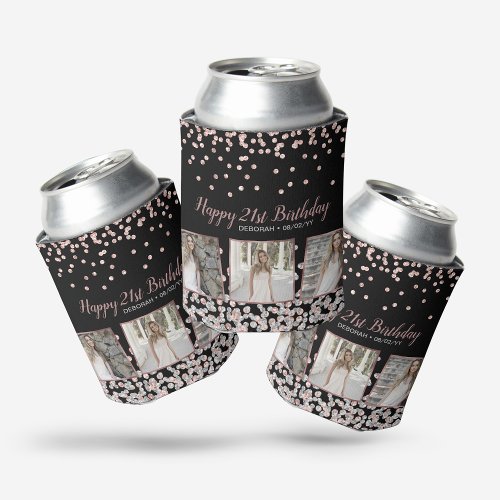 Rose Gold Silver Photo Collage 21st Birthday Can Cooler